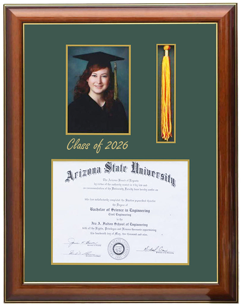 Deluxe walnut wood graduation frame with three openings for a diploma, a 5x7 portrait, and a tassel holder, featuring professional double mat in green and gold personalized class of 2026, handcrafted ,6x8,7x9,8x10,8.5x11,9x12,10x12,10x13,11x14,SQF