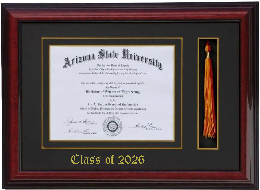 Handcrafted brandy wood graduation frame featuring a diploma opening and a dedicated tassel holder with a high-gloss finish, accented with a double mat in black and gold personalized class of 2026,6x8,7x9,8x10,8.5x11,9x12,10x12,10x13,11x14,15x12