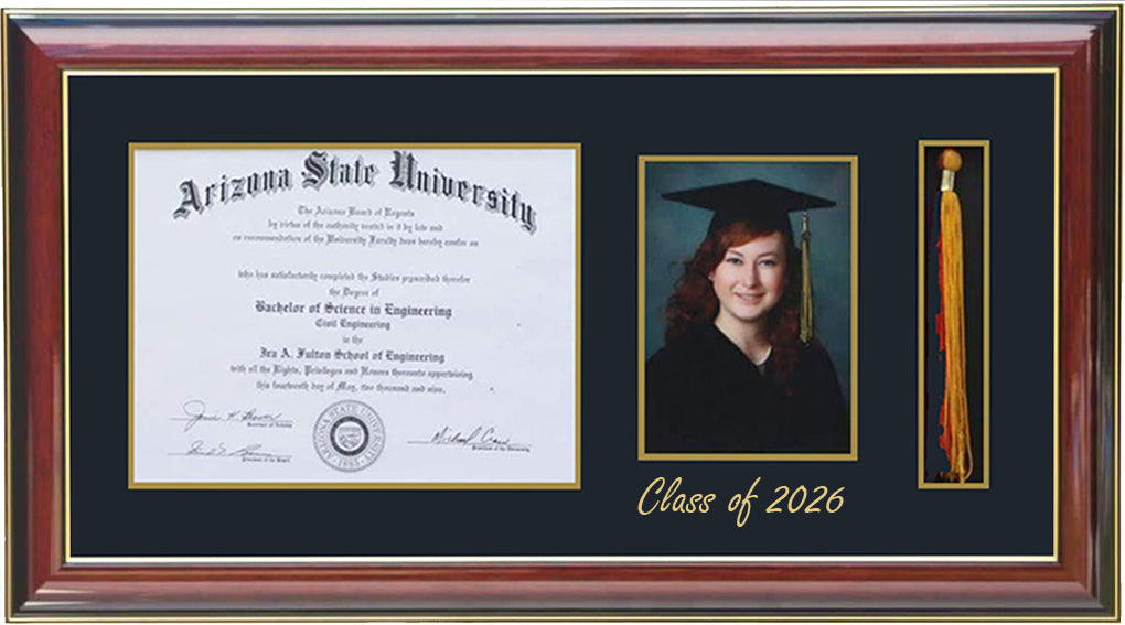 Deluxe mahogany wood graduation frame with three openings for a diploma, a 5x7 portrait, and a tassel holder, featuring professional double mat in black and gold personalized class of 2026, handcrafted ,6x8,7x9,8x10,8.5x11,9x12,10x12,10x13,11x14,HF