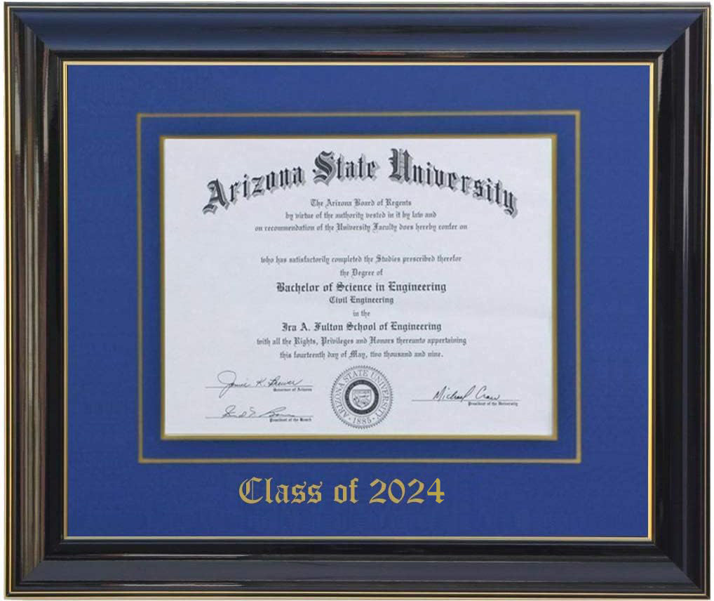 Handcrafted black wood diploma frame with a high-gloss finish, featuring a double mat in blue and gold personalized,10x13,11x14,12x16,11x17,14x17,14x18,15x20