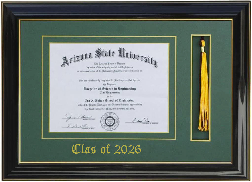 Handcrafted black wood graduation frame featuring a diploma opening and a dedicated tassel holder with a high-gloss finish, accented with a double mat in green and gold personalized class of 2026,6x8,7x9,8x10,8.5x11,9x12,10x12,10x13,11x14,15x12