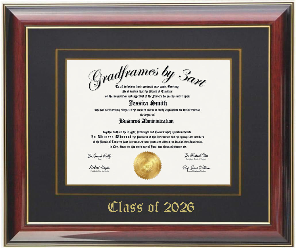 Handcrafted Brandy wood diploma frame with a high-gloss finish, featuring a double mat in black and gold personalized,6x8,7x9,8x10,8.5x11,9x12,10x12,10x13,11x14,12x15,12x16,14x16,11x17,13x17,14x18,15x20,16x20.5,8.25x11.75