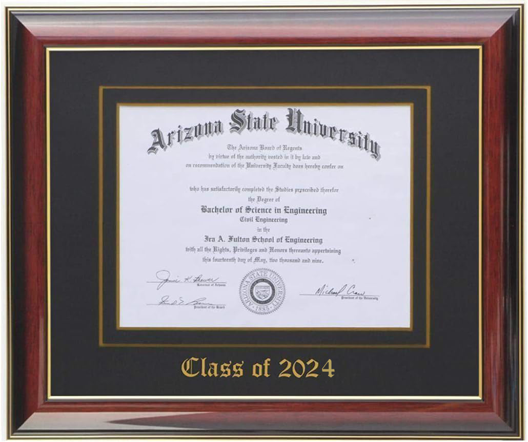 Handcrafted mahogany wood diploma frame with a high-gloss finish, featuring a double mat in black and gold personalized,11x14,12x16,11x17,14x17,14x18,15x20