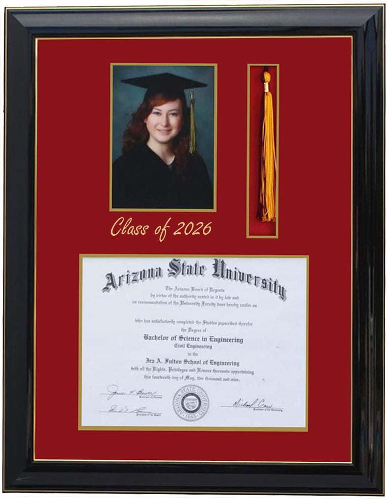 Deluxe black wood graduation frame with three openings for a diploma, a 5x7 portrait, and a tassel holder, featuring professional double mat in red and gold personalized class of 2026, handcrafted ,6x8,7x9,8x10,8.5x11,9x12,10x12,10x13,11x14,SQF