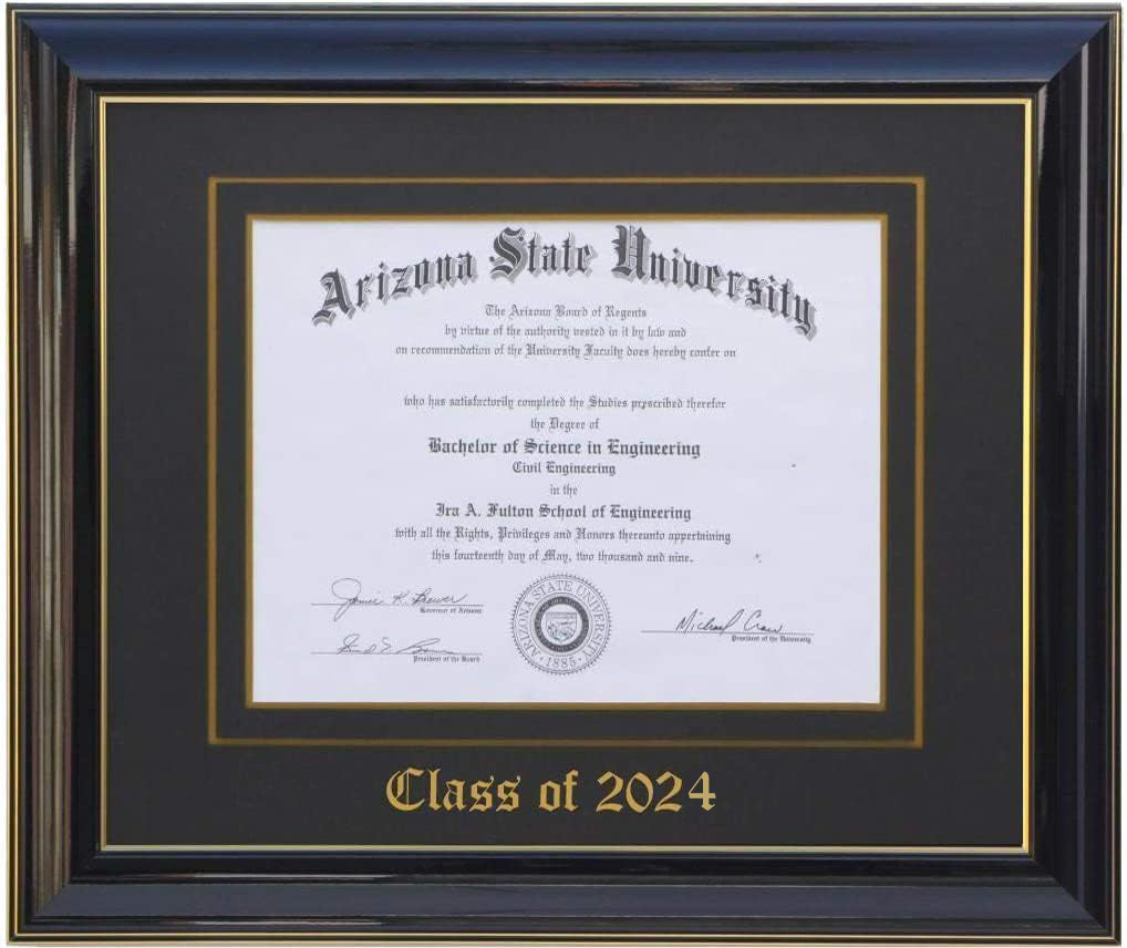 Handcrafted black wood diploma frame with a high-gloss finish, featuring a double mat in black and gold personalized,10x13,11x14,12x16,11x17,14x17,14x18,15x20