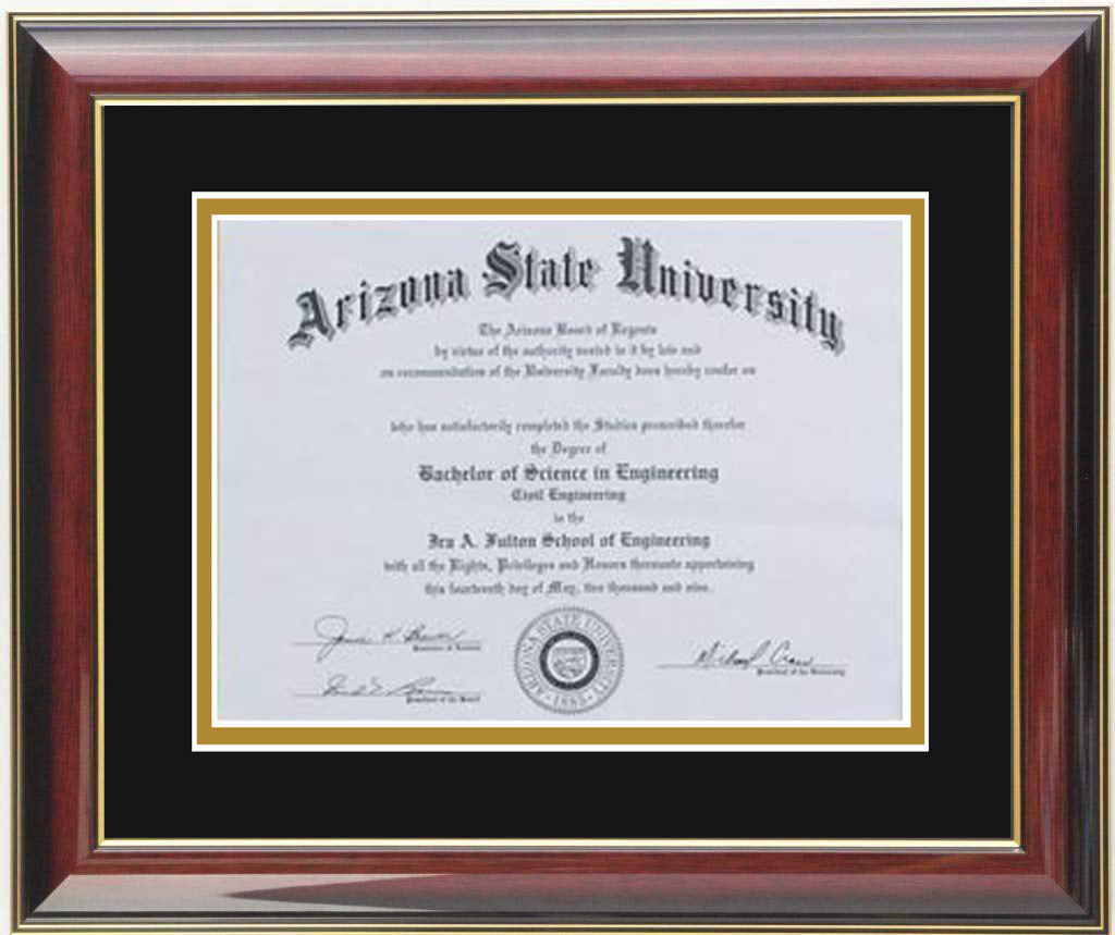 Custom mahogany wood diploma frame with a high-gloss finish, Handcrafted, featuring a double mat in navy and gold ,6x8,7x9,8x10,8.5x11,9x12,10x12,10x13,11x14,12x15,12x16,11x17,14x17,14x18,13.5x15.5,8.25x11.75