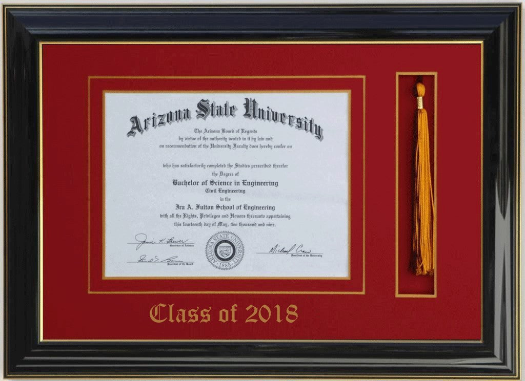 Handcrafted black wood graduation frame featuring a diploma opening and a dedicated tassel holder with a high-gloss finish, accented with a double mat in blue and gold personalized class of 2026,6x8,7x9,8x10,8.5x11,9x12,10x12,10x13,11x14,15x12