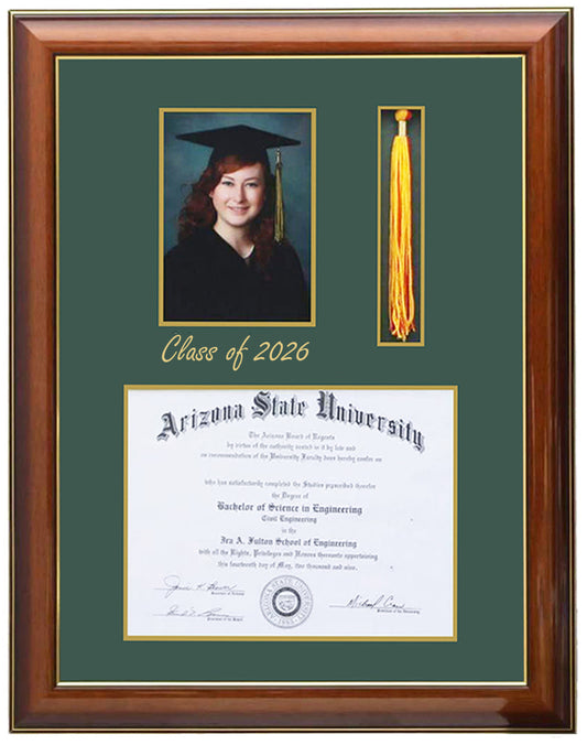 Deluxe walnut  wood graduation frame with three openings for a diploma, a 5x7 portrait, and a  tassel holder, featuring professional double mat in green and gold personalized class of 2026, handcrafted ,6x8,7x9,8x10,8.5x11,9x12,10x12,10x13,11x14,SQF