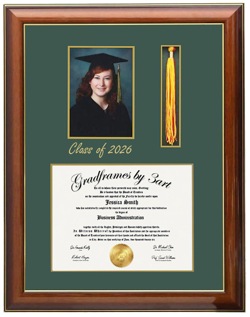 Deluxe walnut  wood graduation frame with three openings for a diploma, a 5x7 portrait, and a  tassel holder, featuring professional double mat in green and gold personalized class of 2026, handcrafted ,6x8,7x9,8x10,8.5x11,9x12,10x12,10x13,11x14,SQF