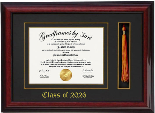 Handcrafted brandy  wood graduation frame featuring a diploma opening and a dedicated tassel holder with a high-gloss finish, accented with a double mat in black and gold personalized class of 2026,6x8,7x9,8x10,8.5x11,9x12,10x12,10x13,11x14,15x12