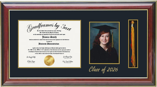 Deluxe mahogany  wood graduation frame with three openings for a diploma, a 5x7 portrait, and a  tassel holder, featuring professional double mat in black and gold personalized class of 2026, handcrafted ,6x8,7x9,8x10,8.5x11,9x12,10x12,10x13,11x14,HF