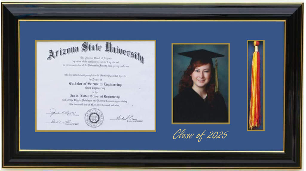 Deluxe mahogany  wood graduation frame with three openings for a diploma, a 5x7 portrait, and a  tassel holder, featuring professional double mat in black and gold personalized class of 2026, handcrafted ,6x8,7x9,8x10,8.5x11,9x12,10x12,10x13,11x14,HF