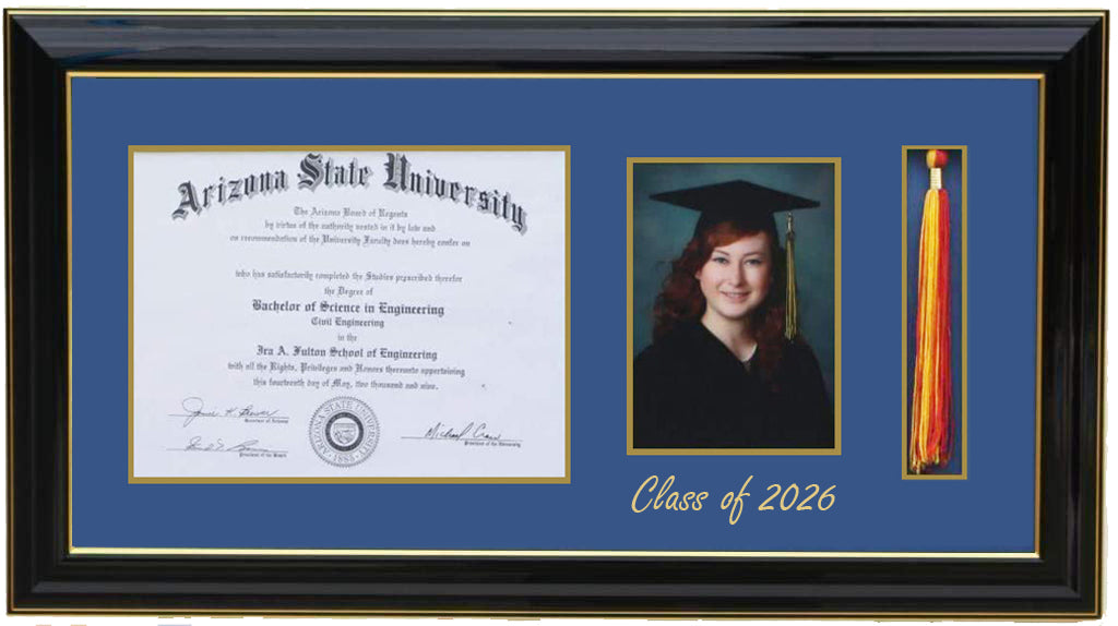 Deluxe Black  wood graduation frame with three openings for a diploma, a 5x7 portrait, and a  tassel holder, featuring professional double mat in black and gold personalized class of 2026, handcrafted ,6x8,7x9,8x10,8.5x11,9x12,10x12,10x13,11x14,HF