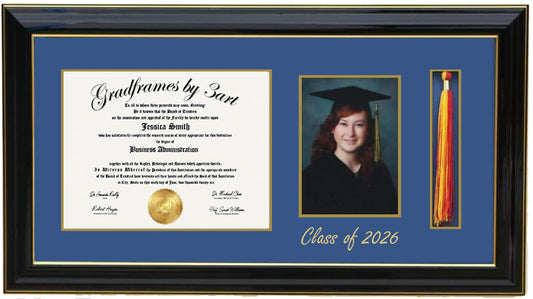 Deluxe Black  wood graduation frame with three openings for a diploma, a 5x7 portrait, and a  tassel holder, featuring professional double mat in black and gold personalized class of 2026, handcrafted ,6x8,7x9,8x10,8.5x11,9x12,10x12,10x13,11x14,HF