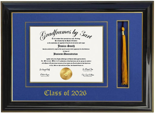 Handcrafted black  wood graduation frame featuring a diploma opening and a dedicated tassel holder with a high-gloss finish, accented with a double mat in blue and gold personalized class of 2026,6x8,7x9,8x10,8.5x11,9x12,10x12,10x13,11x14,15x12