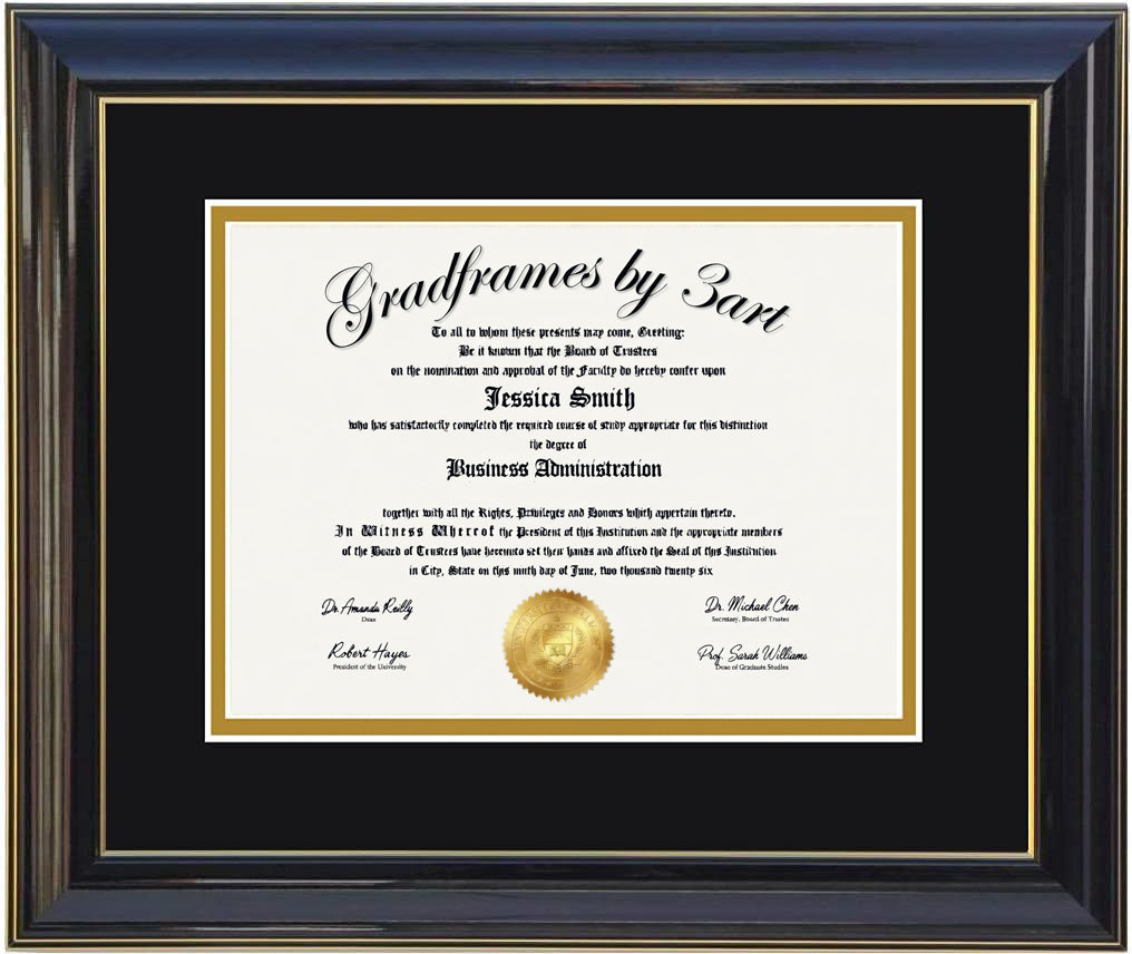 Custom black  wood diploma frame with a high-gloss finish, Handcrafted, featuring a double mat in black and gold ,6x8,7x9,8x10,8.5x11,9x12,10x12,10x13,11x14,12x15,12x16,11x17,14x17,14x18,13.5x15.5,8.25x11.75