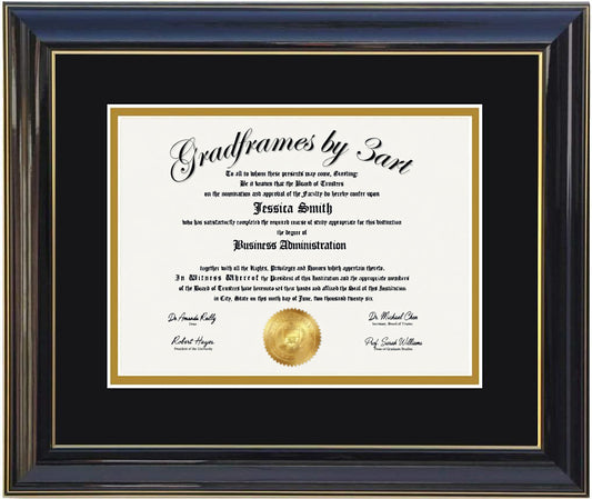 Custom black  wood diploma frame with a high-gloss finish, Handcrafted, featuring a double mat in black and gold ,6x8,7x9,8x10,8.5x11,9x12,10x12,10x13,11x14,12x15,12x16,11x17,14x17,14x18,13.5x15.5,8.25x11.75