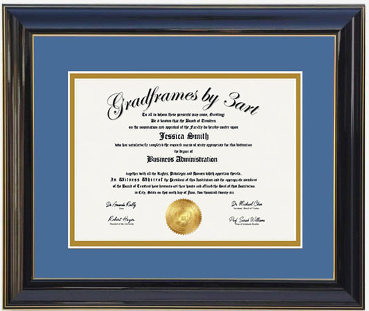 Custom black  wood diploma frame with a high-gloss finish, Handcrafted, featuring a double mat in blue and gold ,6x8,7x9,8x10,8.5x11,9x12,10x12,10x13,11x14,12x15,12x16,11x17,14x17,14x18,13.5x15.5,8.25x11.75