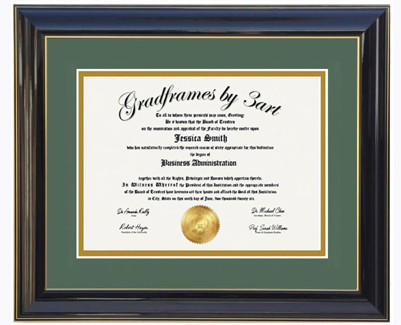 Custom black  wood diploma frame with a high-gloss finish, Handcrafted, featuring a double mat in green and gold ,6x8,7x9,8x10,8.5x11,9x12,10x12,10x13,11x14,12x15,12x16,11x17,14x17,14x18,13.5x15.5,8.25x11.75 (Copy)