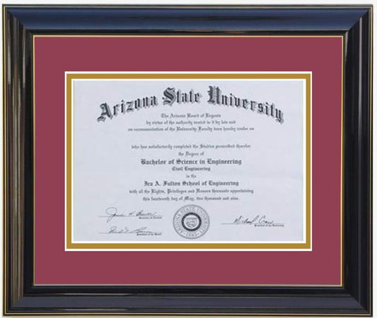 Custom black  wood diploma frame with a high-gloss finish, Handcrafted, featuring a double mat in maroon and gold ,6x8,7x9,8x10,8.5x11,9x12,10x12,10x13,11x14,12x15,12x16,11x17,14x17,14x18,13.5x15.5,8.25x11.75 (Copy)