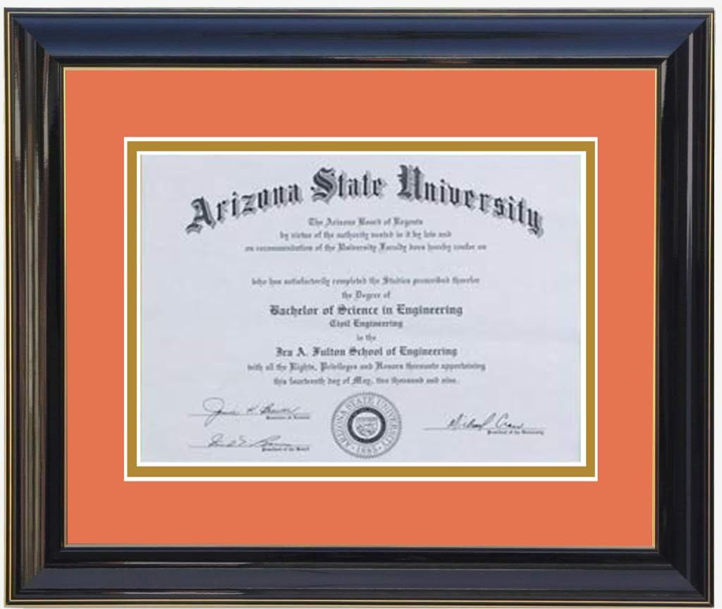 Custom black  wood diploma frame with a high-gloss finish, Handcrafted, featuring a double mat in orange and gold ,6x8,7x9,8x10,8.5x11,9x12,10x12,10x13,11x14,12x15,12x16,11x17,14x17,14x18,13.5x15.5,8.25x11.75 (Copy) (Copy)