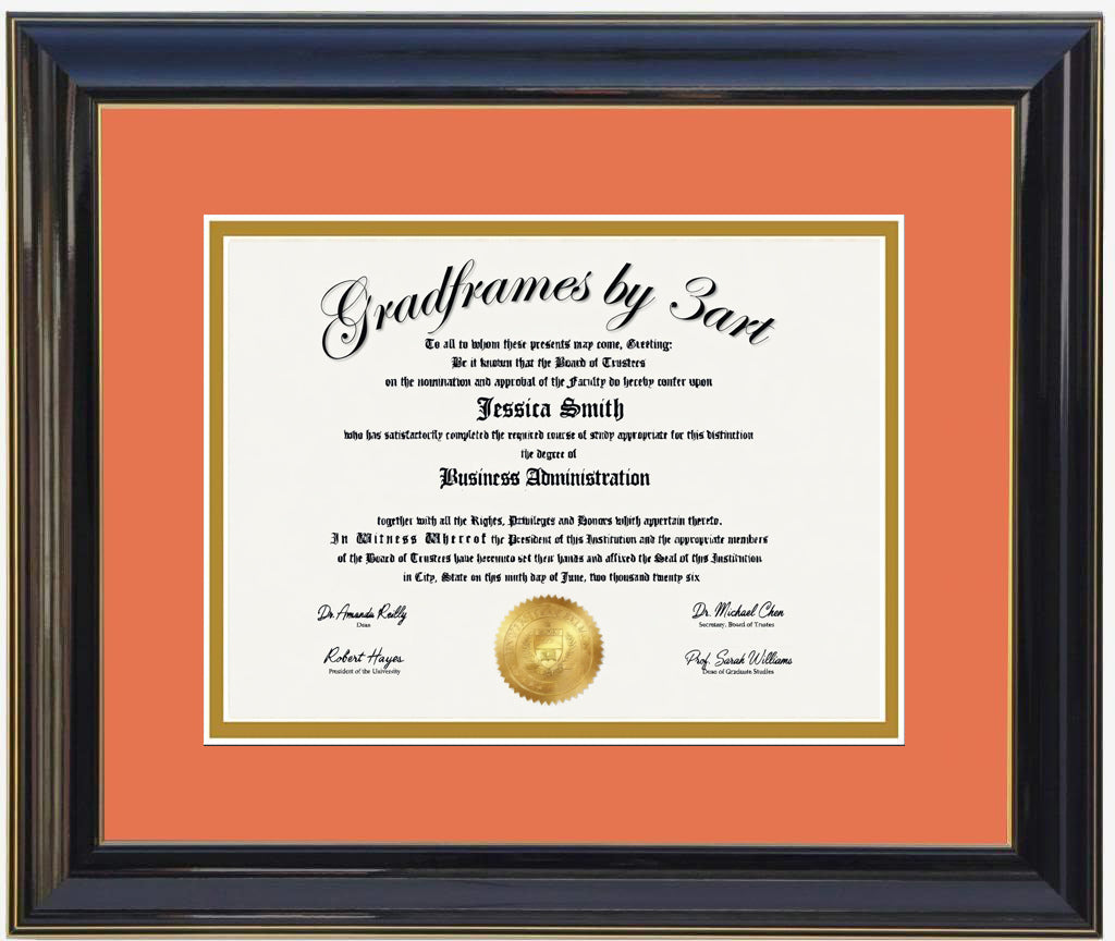 Custom black  wood diploma frame with a high-gloss finish, Handcrafted, featuring a double mat in orange and gold ,6x8,7x9,8x10,8.5x11,9x12,10x12,10x13,11x14,12x15,12x16,11x17,14x17,14x18,13.5x15.5,8.25x11.75 (Copy) (Copy)