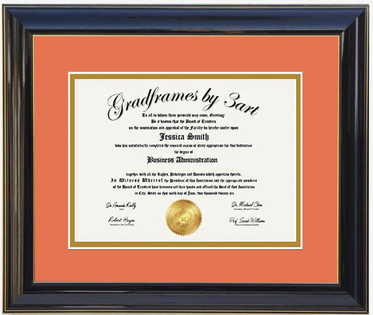 Custom black  wood diploma frame with a high-gloss finish, Handcrafted, featuring a double mat in orange and gold ,6x8,7x9,8x10,8.5x11,9x12,10x12,10x13,11x14,12x15,12x16,11x17,14x17,14x18,13.5x15.5,8.25x11.75 (Copy) (Copy)