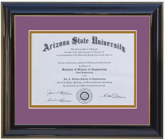 Custom black  wood diploma frame with a high-gloss finish, Handcrafted, featuring a double mat in purple and gold ,6x8,7x9,8x10,8.5x11,9x12,10x12,10x13,11x14,12x15,12x16,11x17,14x17,14x18,13.5x15.5,8.25x11.75 (Copy)