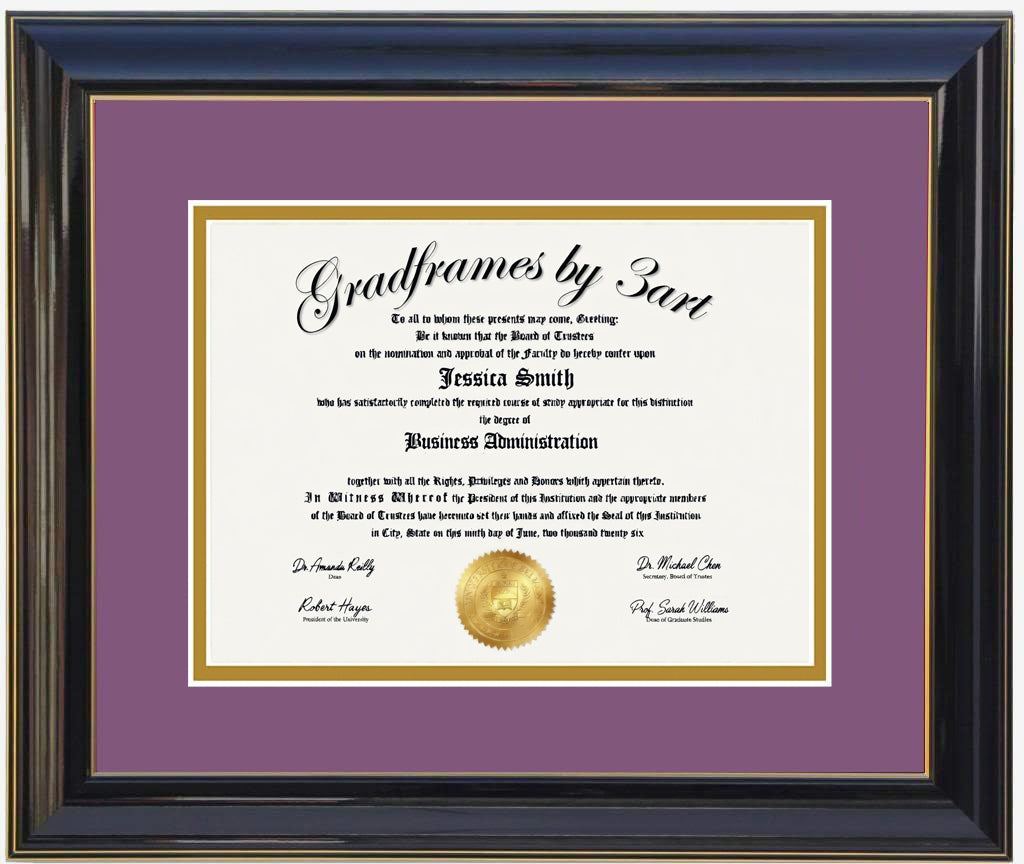 Custom black  wood diploma frame with a high-gloss finish, Handcrafted, featuring a double mat in purple and gold ,6x8,7x9,8x10,8.5x11,9x12,10x12,10x13,11x14,12x15,12x16,11x17,14x17,14x18,13.5x15.5,8.25x11.75 (Copy)