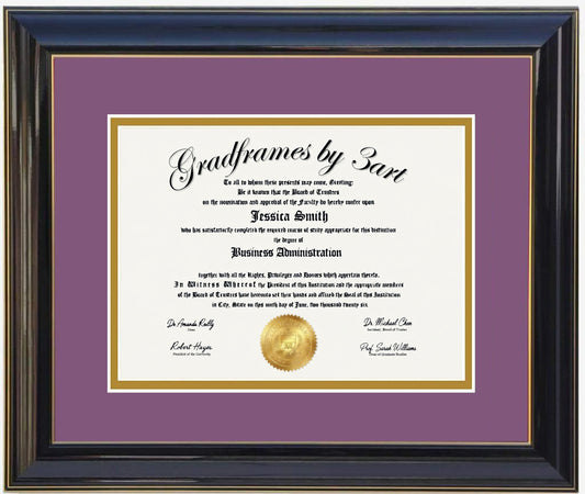 Custom black  wood diploma frame with a high-gloss finish, Handcrafted, featuring a double mat in purple and gold ,6x8,7x9,8x10,8.5x11,9x12,10x12,10x13,11x14,12x15,12x16,11x17,14x17,14x18,13.5x15.5,8.25x11.75 (Copy)