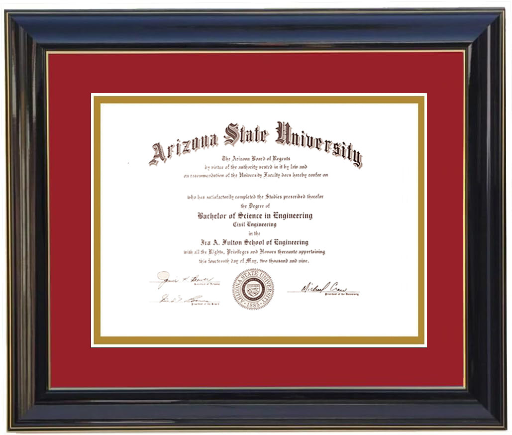 Custom black  wood diploma frame with a high-gloss finish, Handcrafted, featuring a double mat in red and gold ,6x8,7x9,8x10,8.5x11,9x12,10x12,10x13,11x14,12x15,12x16,11x17,14x17,14x18,13.5x15.5,8.25x11.75