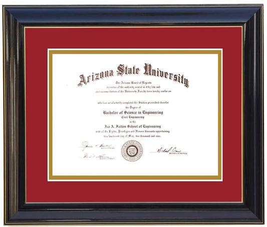 Custom black  wood diploma frame with a high-gloss finish, Handcrafted, featuring a double mat in red and gold ,6x8,7x9,8x10,8.5x11,9x12,10x12,10x13,11x14,12x15,12x16,11x17,14x17,14x18,13.5x15.5,8.25x11.75