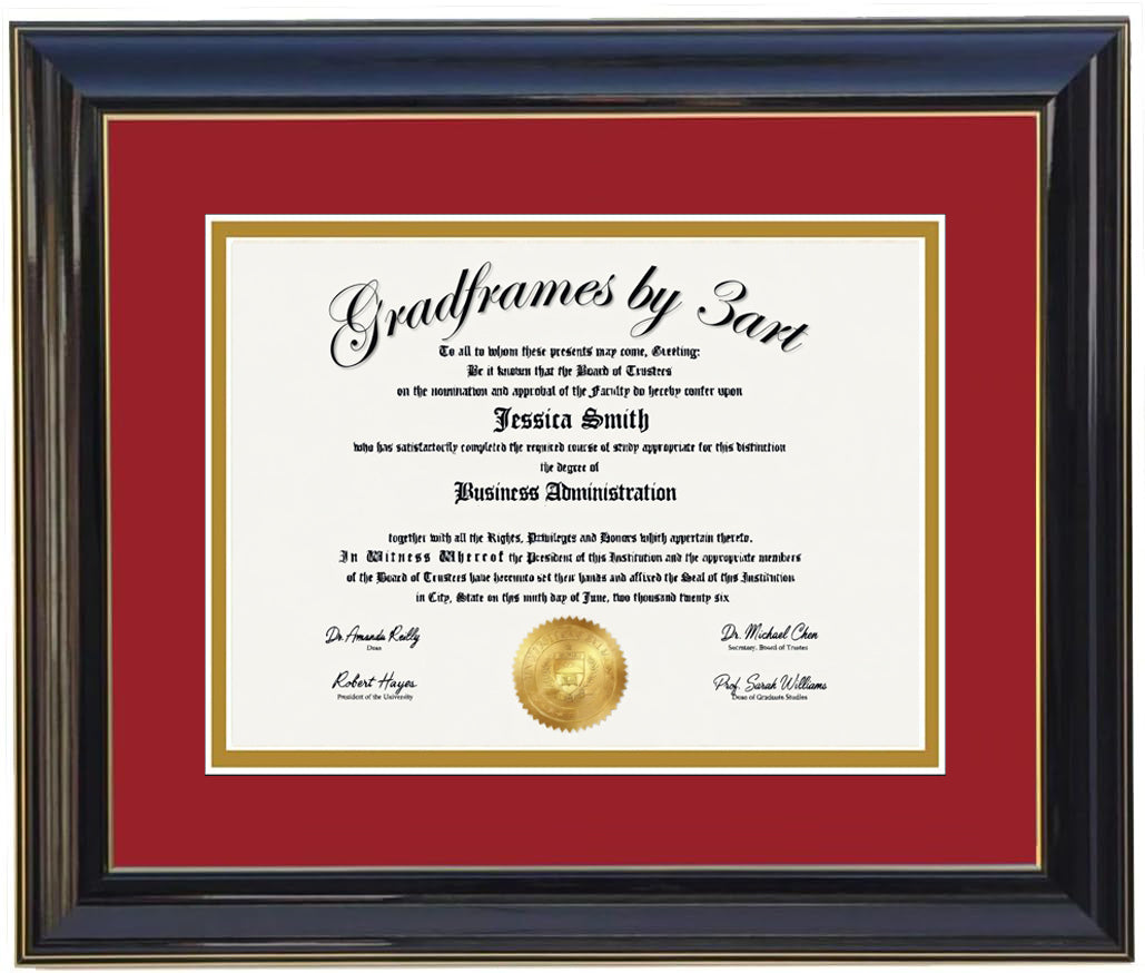 Custom black  wood diploma frame with a high-gloss finish, Handcrafted, featuring a double mat in red and gold ,6x8,7x9,8x10,8.5x11,9x12,10x12,10x13,11x14,12x15,12x16,11x17,14x17,14x18,13.5x15.5,8.25x11.75
