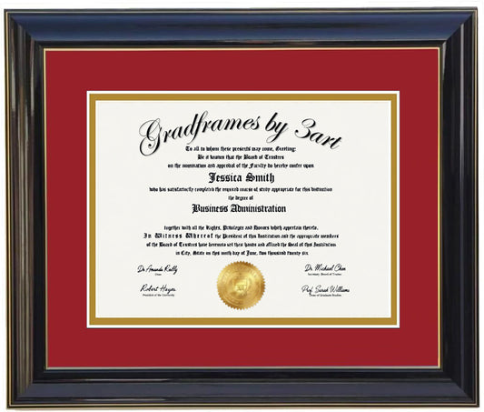 Custom black  wood diploma frame with a high-gloss finish, Handcrafted, featuring a double mat in red and gold ,6x8,7x9,8x10,8.5x11,9x12,10x12,10x13,11x14,12x15,12x16,11x17,14x17,14x18,13.5x15.5,8.25x11.75