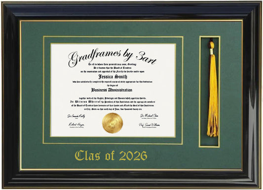 Handcrafted black  wood graduation frame featuring a diploma opening and a dedicated tassel holder with a high-gloss finish, accented with a double mat in green and gold personalized class of 2026,6x8,7x9,8x10,8.5x11,9x12,10x12,10x13,11x14,15x12