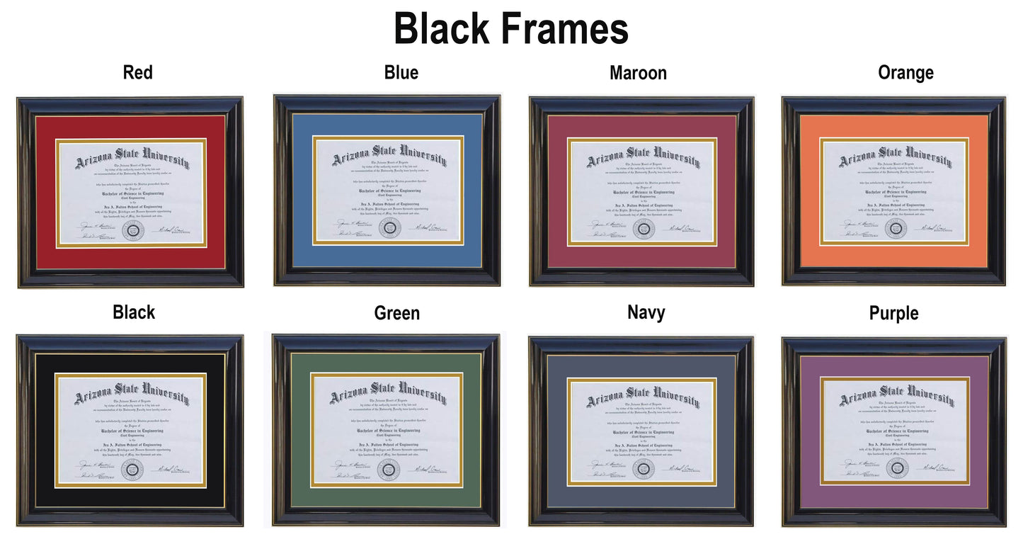 Custom black  wood diploma frame with a high-gloss finish, Handcrafted, featuring a double mat in black and gold ,6x8,7x9,8x10,8.5x11,9x12,10x12,10x13,11x14,12x15,12x16,11x17,14x17,14x18,13.5x15.5,8.25x11.75