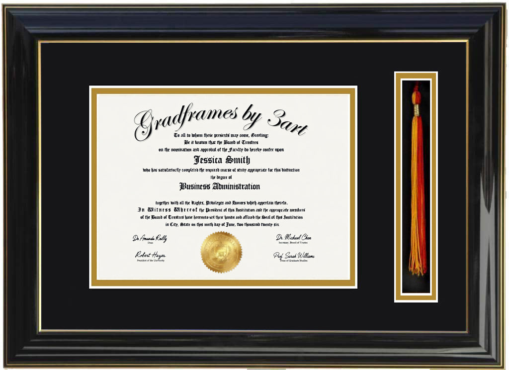 Custom Brandy   wood diploma and tassel holder frame with a high-gloss finish,  Handcrafted, featuring a double regular cut bevel mat in black and gold ,6x8,7x9,8x10,8.5x11,9x12,10x12,10x13,11x14,12x15,12x16,11x17,14x17,14x18,13.5x15.5,8.25x11.75
