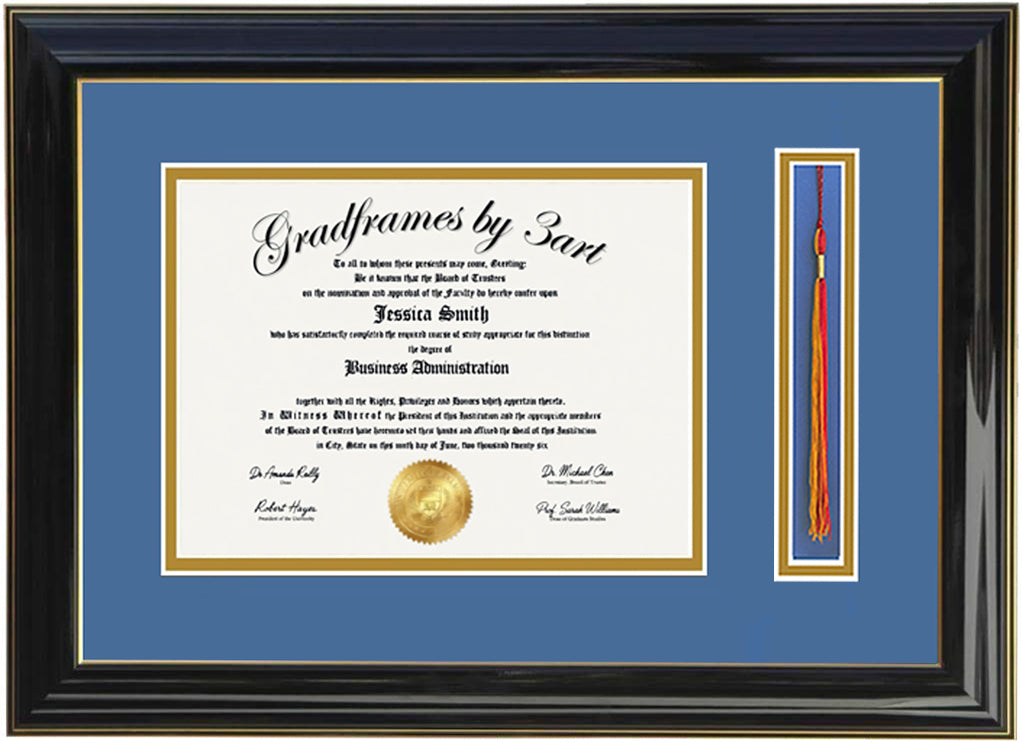 Custom black  wood diploma and tassel holder frame with a high-gloss finish,  Handcrafted, featuring a double regular cut bevel mat in blue and gold ,6x8,7x9,8x10,8.5x11,9x12,10x12,10x13,11x14,12x15,12x16,11x17,14x17,14x18,13.5x15.5,8.25x11.75