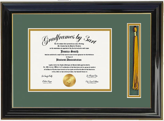 Custom black  wood diploma and tassel holder frame with a high-gloss finish,  Handcrafted, featuring a double regular cut bevel mat in green and gold ,6x8,7x9,8x10,8.5x11,9x12,10x12,10x13,11x14,12x15,12x16,11x17,14x17,14x18,13.5x15.5,8.25x11.75
