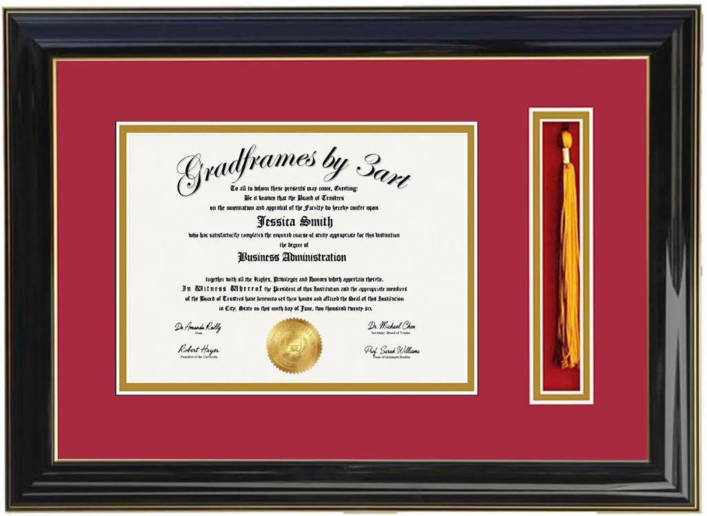 Custom black  wood diploma and tassel holder frame with a high-gloss finish,  Handcrafted, featuring a double regular cut bevel mat in red and gold ,6x8,7x9,8x10,8.5x11,9x12,10x12,10x13,11x14,12x15,12x16,11x17,14x17,14x18,13.5x15.5,8.25x11.75