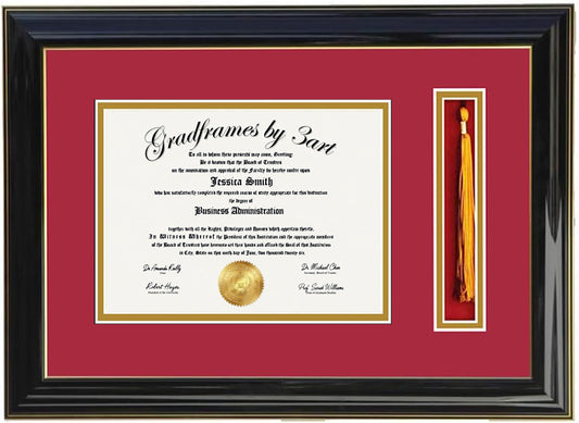Custom black  wood diploma and tassel holder frame with a high-gloss finish,  Handcrafted, featuring a double regular cut bevel mat in red and gold ,6x8,7x9,8x10,8.5x11,9x12,10x12,10x13,11x14,12x15,12x16,11x17,14x17,14x18,13.5x15.5,8.25x11.75