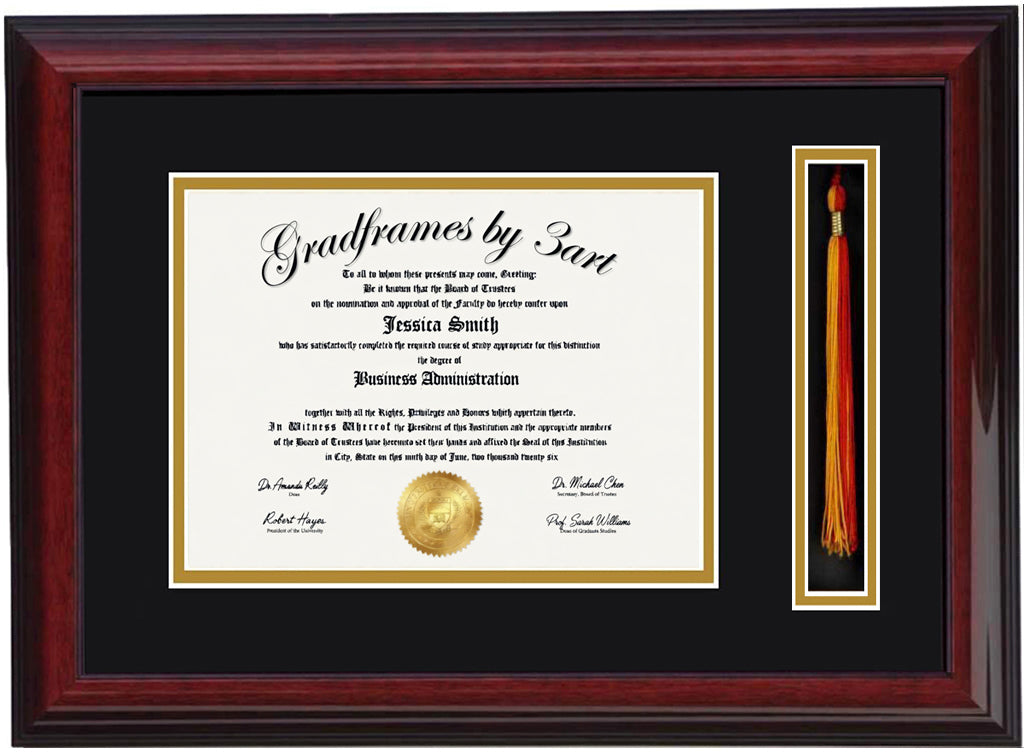 Custom Brandy   wood diploma and tassel holder frame with a high-gloss finish,  Handcrafted, featuring a double regular cut bevel mat in black and gold ,6x8,7x9,8x10,8.5x11,9x12,10x12,10x13,11x14,12x15,12x16,11x17,14x17,14x18,13.5x15.5,8.25x11.75