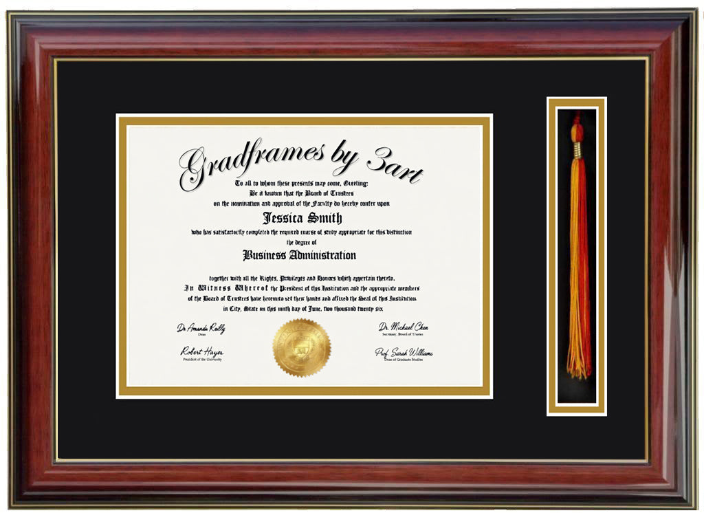 Custom Brandy   wood diploma and tassel holder frame with a high-gloss finish,  Handcrafted, featuring a double regular cut bevel mat in black and gold ,6x8,7x9,8x10,8.5x11,9x12,10x12,10x13,11x14,12x15,12x16,11x17,14x17,14x18,13.5x15.5,8.25x11.75
