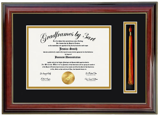 Custom mahogany   wood diploma and tassel holder frame with a high-gloss finish,  Handcrafted, featuring a double regular cut bevel mat in black and gold ,6x8,7x9,8x10,8.5x11,9x12,10x12,10x13,11x14,12x15,12x16,11x17,14x17,14x18,13.5x15.5,8.25x11.75