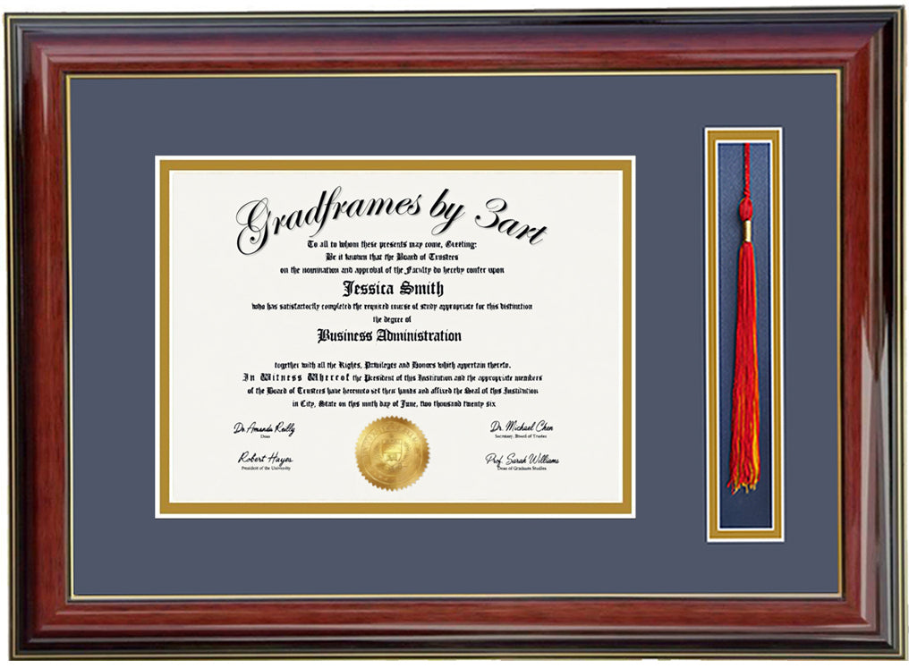 Custom mahogany   wood diploma and tassel holder frame with a high-gloss finish,  Handcrafted, featuring a double regular cut bevel mat in navy and gold ,6x8,7x9,8x10,8.5x11,9x12,10x12,10x13,11x14,12x15,12x16,11x17,14x17,14x18,13.5x15.5,8.25x11.75