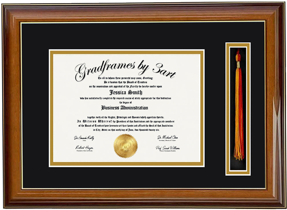 Custom Brandy   wood diploma and tassel holder frame with a high-gloss finish,  Handcrafted, featuring a double regular cut bevel mat in black and gold ,6x8,7x9,8x10,8.5x11,9x12,10x12,10x13,11x14,12x15,12x16,11x17,14x17,14x18,13.5x15.5,8.25x11.75