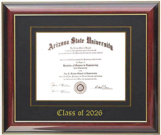 Handcrafted mahogany  wood diploma frame with a high-gloss finish, featuring a double mat in black and gold personalized,6x8,7x9,8x10,8.5x11,9x12,10x12,10x13,11x14,12x15,12x16,14x16,11x17,13x17,14x18,15x20,16x20.5,8.25x11.75