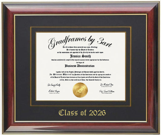 Handcrafted mahogany  wood diploma frame with a high-gloss finish, featuring a double mat in black and gold personalized,11x14,12x16,11x17,14x17,14x18,15x20