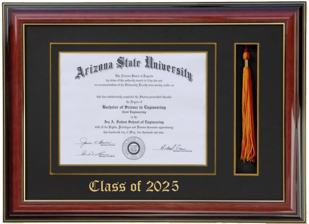 Handcrafted mahogany  wood graduation frame featuring a diploma opening and a dedicated tassel holder with a high-gloss finish, accented with a double mat in black and gold personalized class of 2025,6x8,7x9,8x10,8.5x11,9x12,10x12,10x13,11x14,15x12