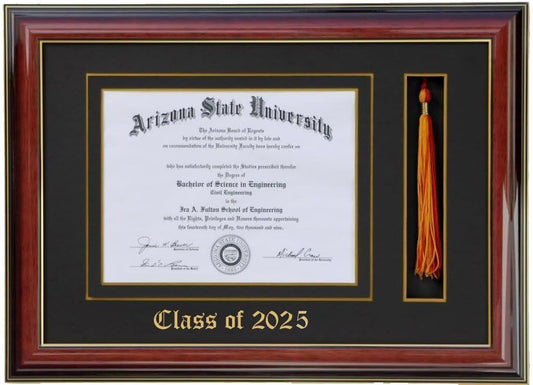 Handcrafted mahogany  wood graduation frame featuring a diploma opening and a dedicated tassel holder with a high-gloss finish, accented with a double mat in black and gold personalized class of 2025,6x8,7x9,8x10,8.5x11,9x12,10x12,10x13,11x14,15x12